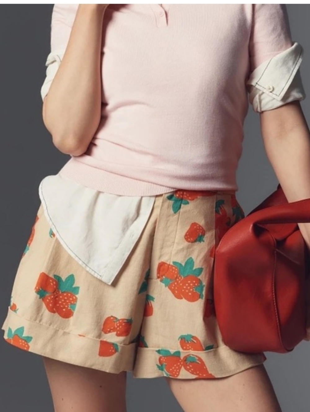 Anthropologie Maeve Avery Strawberry Print Cuffed Trouser Short Linen Blend 12 - Picture 3 of 9